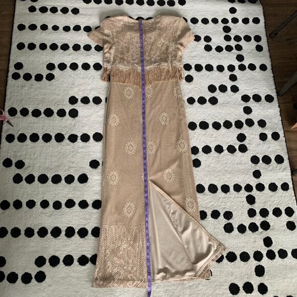 Vintage Maxi Dress Metallic Gold Lace Fringe Mother of the Bride Evening Gown - Picture 16 of 16